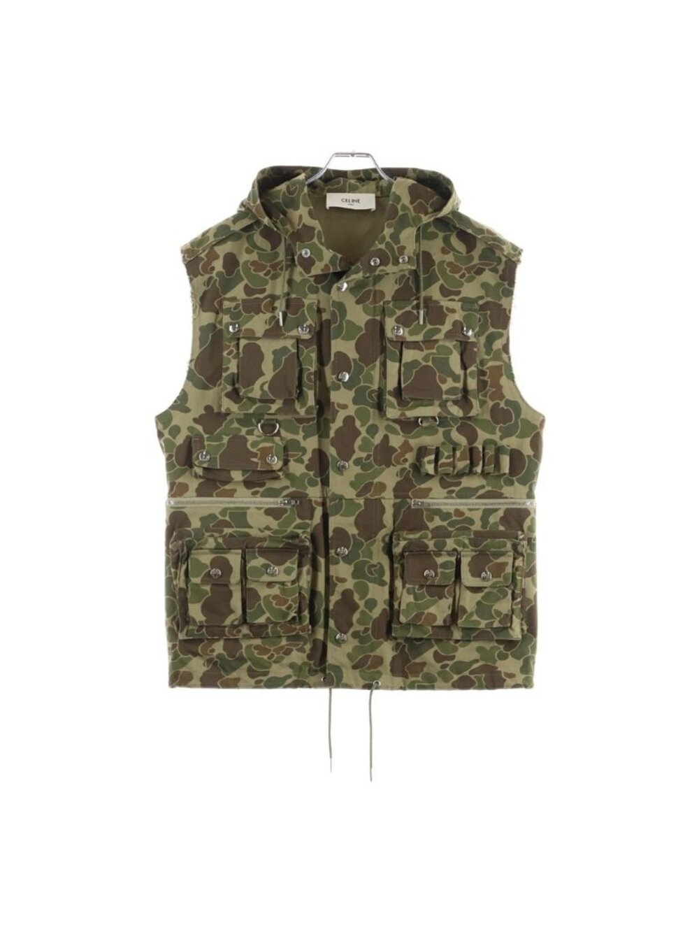 Celine Camouflage Pattern Multi Pocket Hooded Vest Khaki